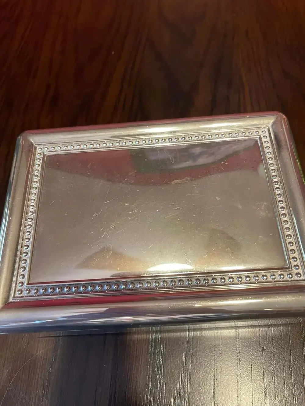 Vntg Silver-Plated Rectangular Trinket Jewelry Box w/Mirror & Red Velvet Lining